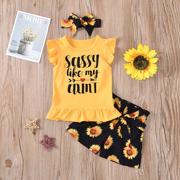 

baby girl clothes summer children's girls' clothing sets ruffles letter print t-shirt sunflower shorts headbands outfits, Slivery;white
