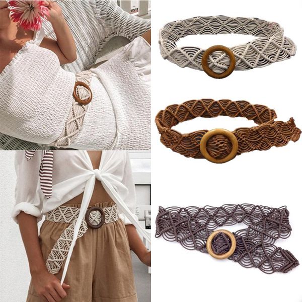 

boho style wax rope knitted belt round wooden buckle handmade braided female belt casual belts for women solid waist, Black;brown