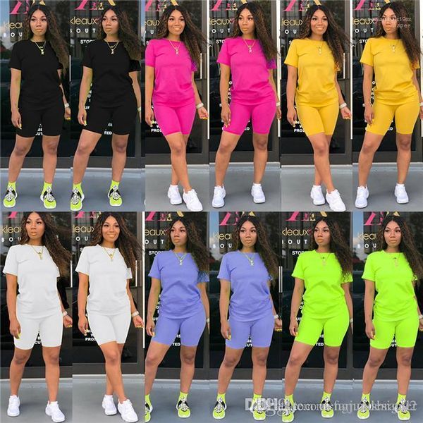 

designer solid color 2pcs pants short sleeve fashion sports style female clothing casual apparel womens summer, White