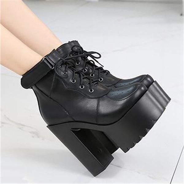 

осень зима узелок крест связал платформы на высокие каблуки ботильонов для женщин белого черного блок каблука обувь punk gothic combat ботин, Black