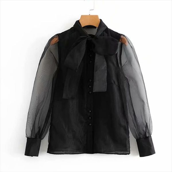 

women vintage transparent bow tied collar casual black organza blouse shirt women business feminina blusas chic, White