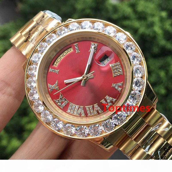 

iced out yellow gold big luxury men day-date stainless steel president automatic business red mens diamond watch wristwatches watches, Slivery;brown