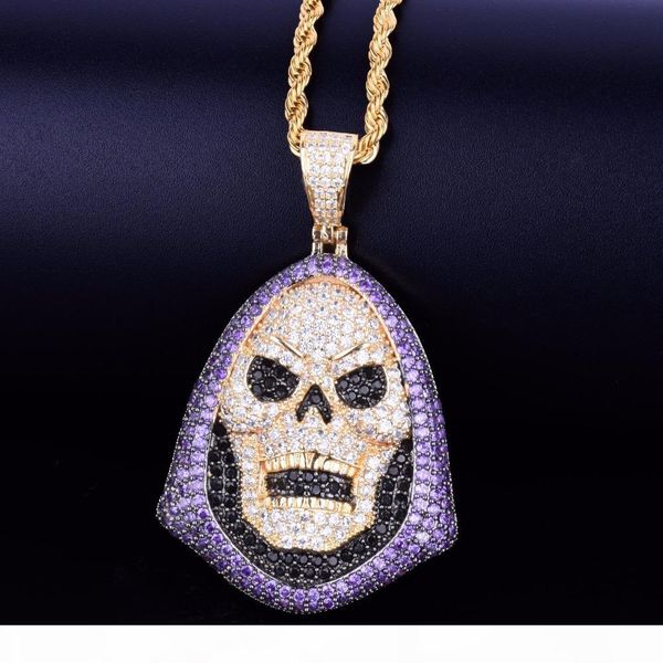 

hoody skull purple stone pendant necklace personality chain gold silver iced out cubic zirconia hip hop rock jewelry