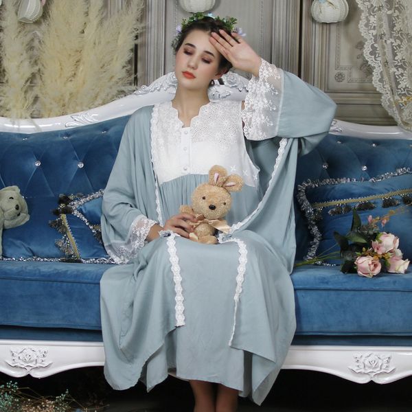 

2020 new fall women's long thin robe 6 colors sleepwear two pieces set lace soft slip nightgown vintage nightdress, Black;red