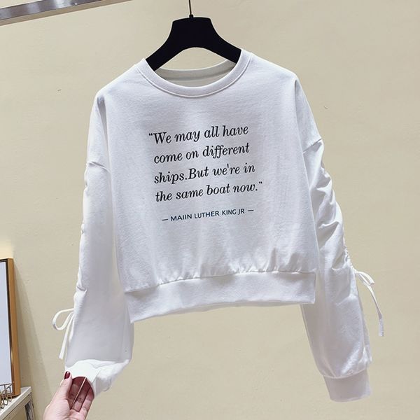 

new autumn and t-shirt sweater winter long sleeve sweater women's solid color printed cotton sleeve irregular drawstring t-shirt tre, Black