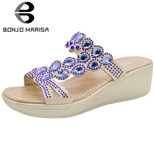 

bonjomarisa new ladies summer comfort high wedges slides fashion rhinestone slippers women summer platform beach shoes woman, Black