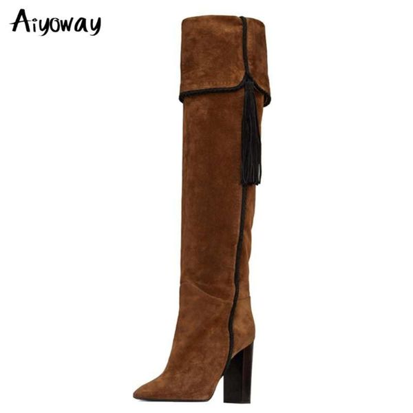 

boots aiyoway 2021 winter faux suede knee high women thick heel pointed toe ladies long shoes brown big size, Black