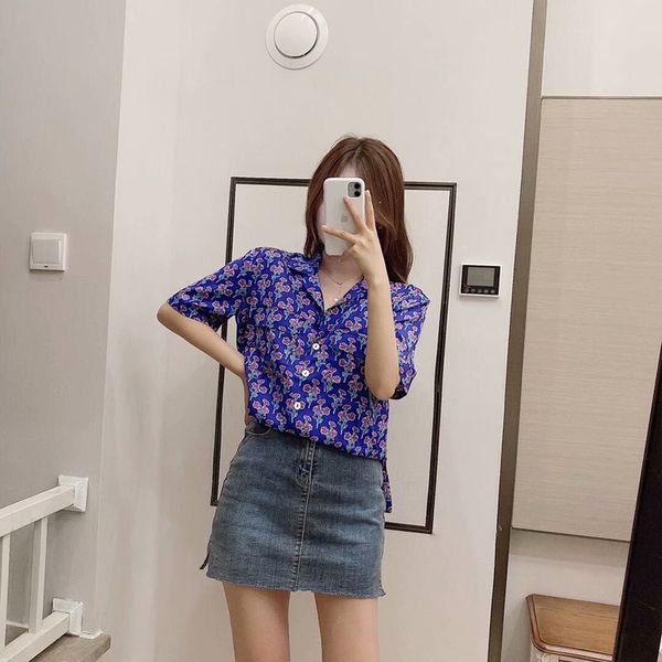 

vacation style small flowers v-shaped short-sleeved blouses lapel printed shirts floral shirts women loose ldsd9701, White