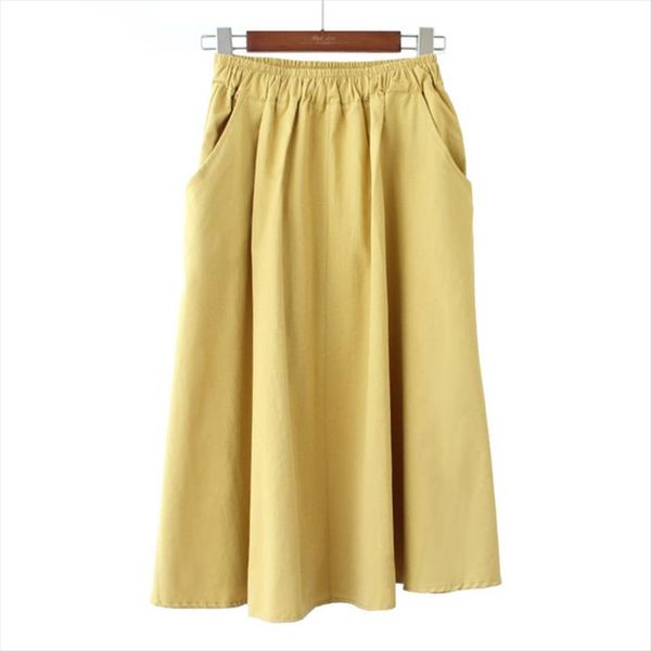 

midi skirt women new fashion elastic waist side pockets ruched sun falda female casual solid color empire a line cotton skirt, Black