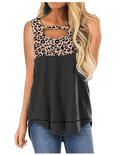 

tshirt famale casual tees leopard colorblock casual summer womens sleeveless hollow out designer, White