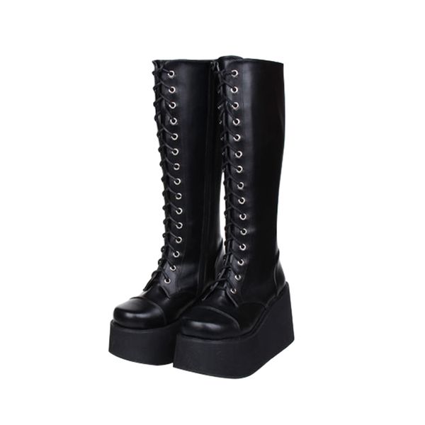 

botas de mujer осень зима девушка мотоцикл сапоги черная кожа лолита высокие каблуки платформы женщина botas punk зашнуровать обувь, Black