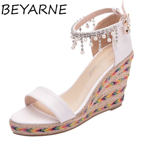 

beyarne women soft tassel beaded wedding shoes woman platform fish mouth sandals big size 33 42 woman bohemian diamond bridal sh, Black