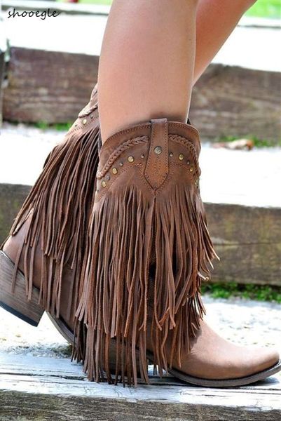 

bohemia style motorcycle boots women suede leather med heels mid-calf tassel boots fashion autumn cowboy shoes zapatos de mujer, Black