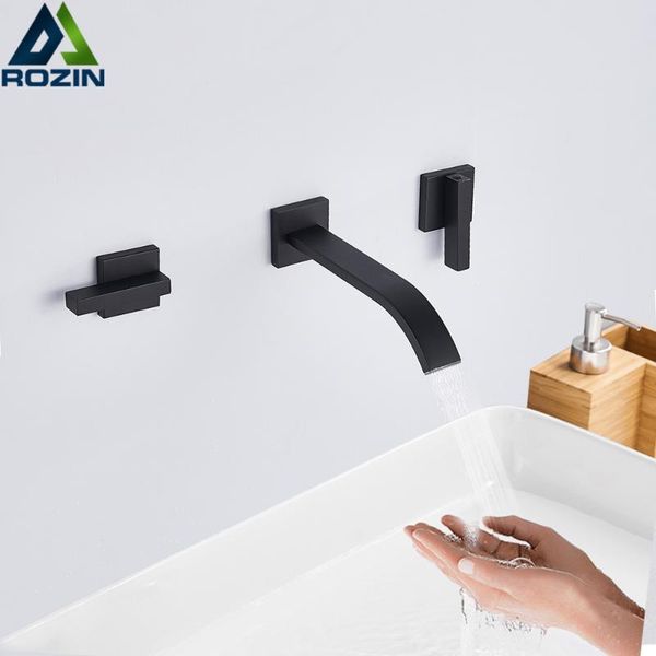 

Wall Mount Waterfall Bathroom Faucet Dual Handles Basin Mixer Tap Concealed Basin Sink Torneira Matte Black Hot & Cold Water Tap