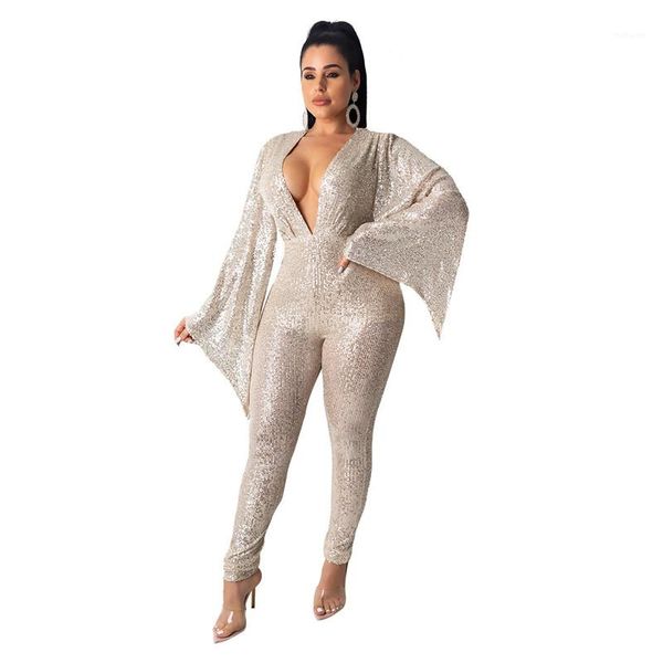 

pants women designer clothes womens jumpsuits fashion sequins long batwing sleeve jumpsuits deep v-neck long, Black;white