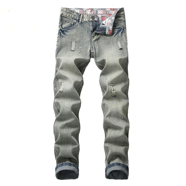

men's jeans men denim skinny tattered stretch slim fit hop pants plus size long brand large, Blue