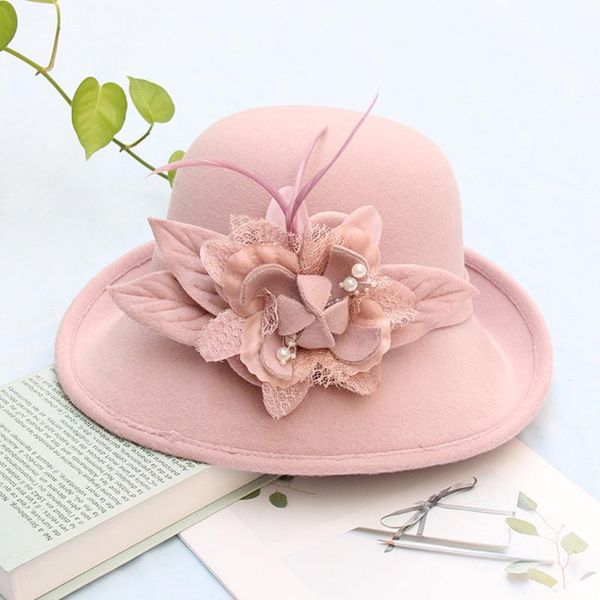 

stingy brim hats red color yarn for women big bow feather flower summer sun protect hat elegant fedoras wedding sea beach#3, Blue;gray