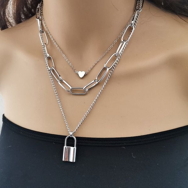 

2020 new fashion multi layer lover lock pendant choker necklace steampunk padlock heart chain necklace couple gift, Silver