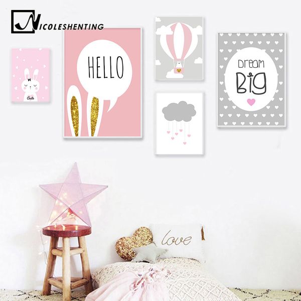 

baby girl nursery wall art canvas poster print pink cartoon rabbit balloon painting nordic decoration picture kids bedroom decor