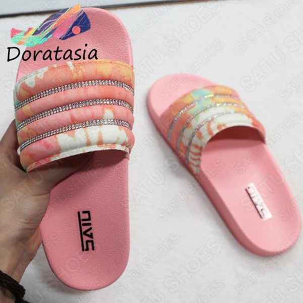 

doratasia women open toe flat shoes crystal leisure slippers women fashion beach casual mixed color summer slippers, Black