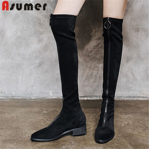 

asumer 2020 new real leather zipper over the knee boots women square autumn winter boots ladies thigh high, Black