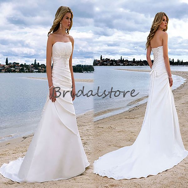 

modest satin beach wedding dresses strapless sweep train ruched boho wedding dress 2020 corset back country bridal gown for bride, White