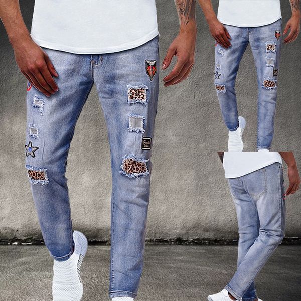 

men's loose fit denim pants ripped pants men's print jeans wild with pockets, Blue