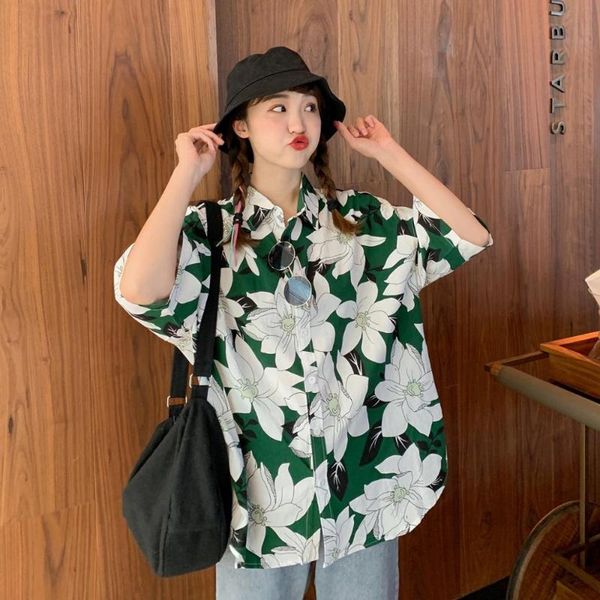 

2020 summer women and blouses fashion loose women shirts half sleeve flowers blouses print baggy female shirts, White