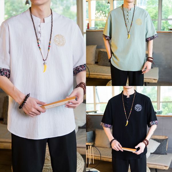 

chinese style short-sleeved summer thin embroidered t-shirt men's and linen large size t-shirt linencotton linen cotton linenmen's, Blue