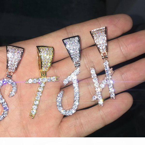 

iced out custom cursive writing initial letters pendant necklace with 24inch rope chain cubic zirconia for men hiphop jewelry, Silver