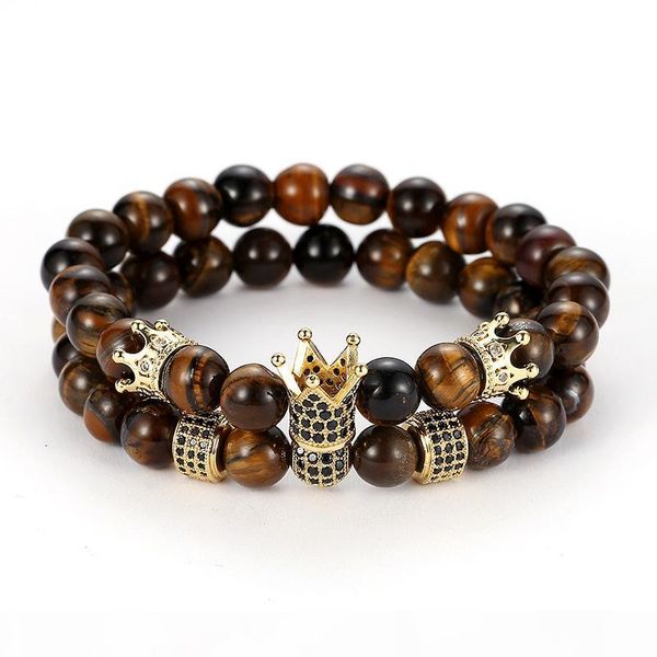 

2pc set crown bracelet 8mm tiger eye stone cubic zirconia crown bracelet luxury designer jewelry fashion women men bracelects gift, Black