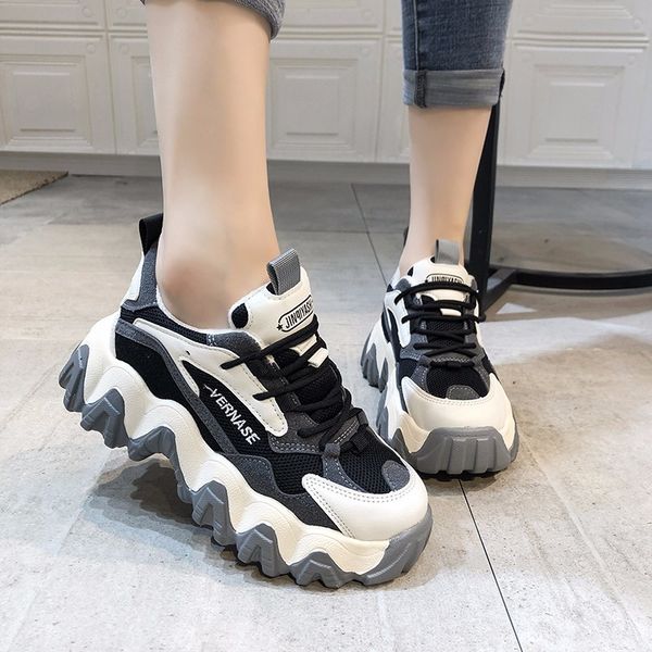 

женщины коренастого женских кроссовок повседневная 2020 папа обувь женщина узелок mesh женщина платформа комфорт мода дама полуботинки новый, Black