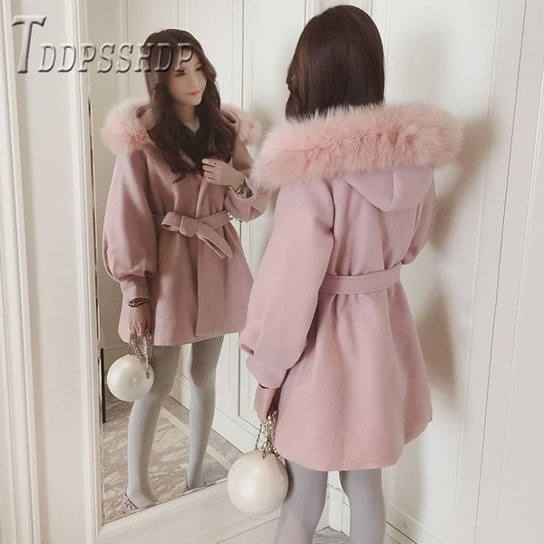 

winter fashion women woolen coat long solid color faux fur collar korean temperament women's popular outerwear, Black