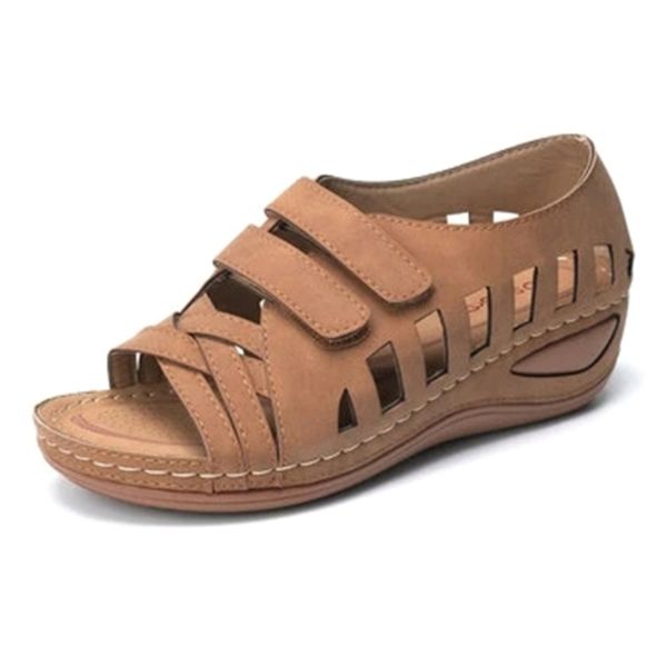 

women's sandals summer comfortable ankle hollow round toe sandals female soft beach sole shoes cover heel wedges bonded leather, Black