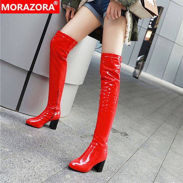 

boots morazora 2021 arrival women over the knee high heels party prom shoes autumn slim stretch female red, Black