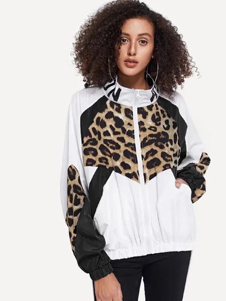 

women fashion jacket new arrival zip front leopard colorblock windbreaker jacket 20fw contrast color coat size s m  xl, Black;brown