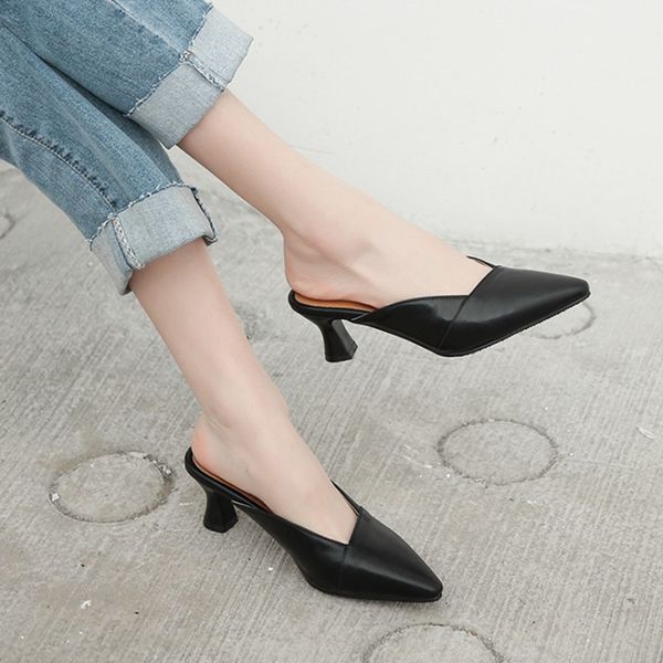 

summer new fashion half slippers middle heel retro sandals slippers bow heel simple simple plus size women's shoes, Black