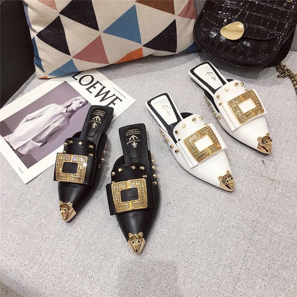 

2020 summer new women pointed toe flats outside slippers female metal buckle rivet mules shoes ladies casual flats slippers, Black