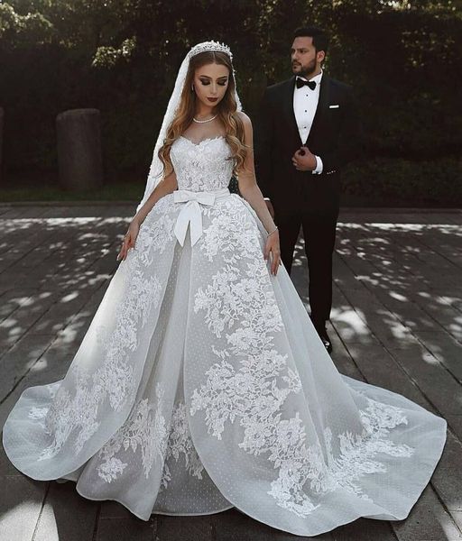 

gorgeous sweetheart backless wedding dresses 2021 lace appliques court train bridal gowns vestido de noiva with bow c192, White