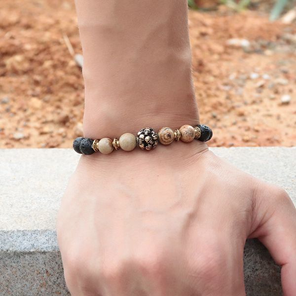 

antique copper skull bracelet natural stone beads braclet for men armband biker jewelry pulseira bijoux, Black