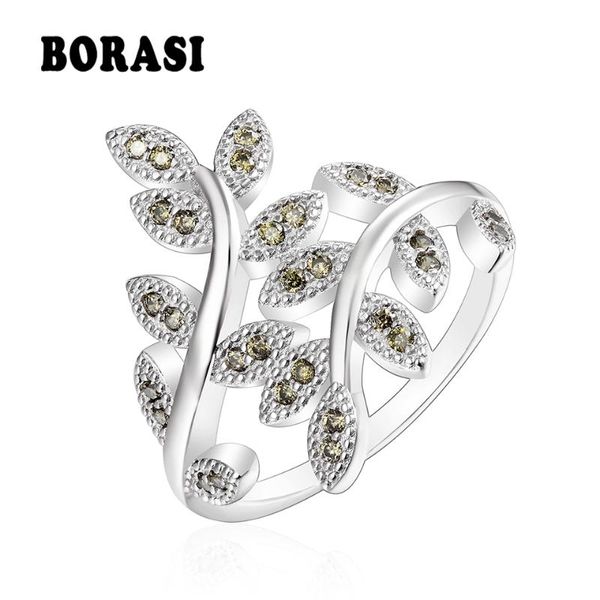 

cluster rings borasi cz ring silver color geometric leaf shape with zircon for women wedding party gift elegant fashion jewelry, Golden;silver