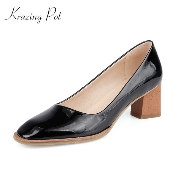 

dress shoes krazing pot simple style full grain leather all-match square toe thick high heel slip on office lady daily wear women pumps l00, Black
