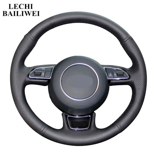 

black artificial leather hand-stitched car steering wheel cover for audi a3 a4 a5 a6 a7 allroad rs 7 2014-2015 s6 s7 2013