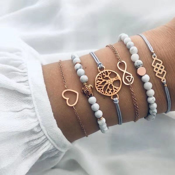 

cmoonry 6pcs / set природные бисер браслет boho стиль золотое сердце turtle life tree 8 бесконечность браслеты шарма для женщин девушки, Golden;silver