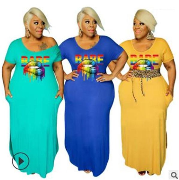 

clothes summer womens designer pencil dresses lips solid color letter printed short sleeve long dress plus size female, Black;gray
