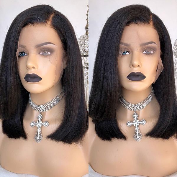 

type 13*6 short bob lace front human hair wigs for women kinky straight hair pre plucked remy brazilian full lace, Black