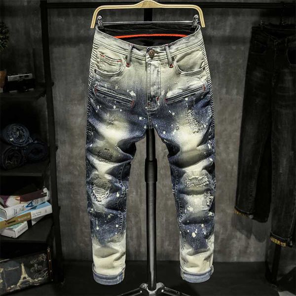 

skinny jeans men ripped spijkerbroeken heren jean homme pantalon spijkerbroeken heren pants streetwear biker hiphop trousers, Blue