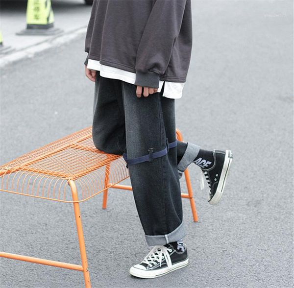 

хип-хоп скейтборд корейской версии опрятный стиль casual straight багги streetwear длинные брюки дизайнерские мужские джинсы, Blue