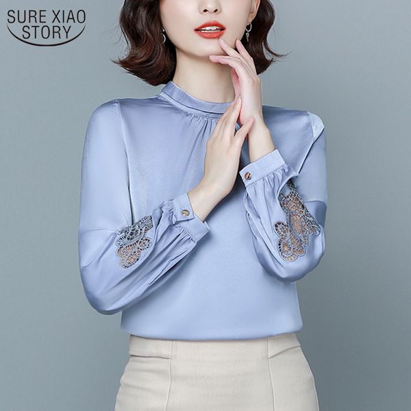 

2020 autumn lantern long sleeve hollow blouse women office lady satin solid pullover shirts women elegant ladies clothes 11088, White
