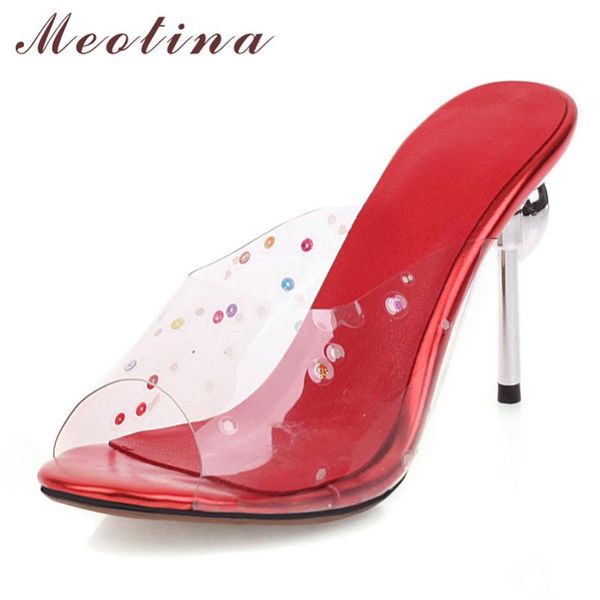 

meotina bling super high heel slippers transparent women slides peep toe thin heels shoes ladies summer sandals green size 12, Black